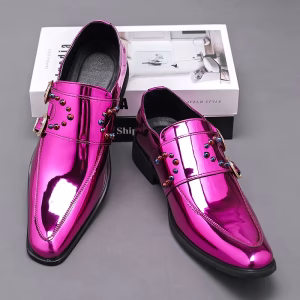 Luxury Men's Pink Shiny Dress Shoes Pu Leather Formal Office Wedding Style With Steel Toe Oxford Pointed Toe Rivet